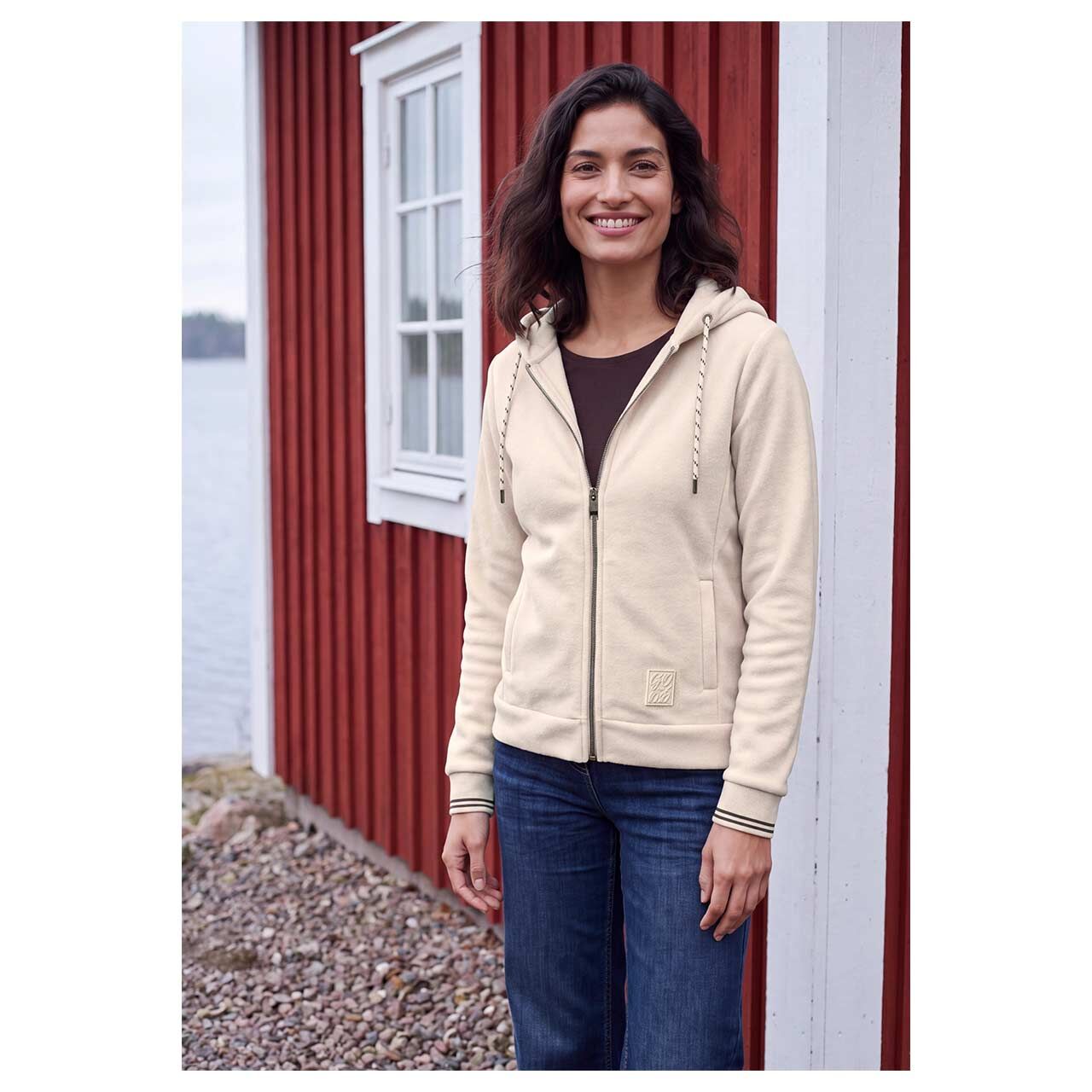 Damen Fleece Jacke Hoodie Jacket von Cecil in Beige, Vorderansicht am Model
