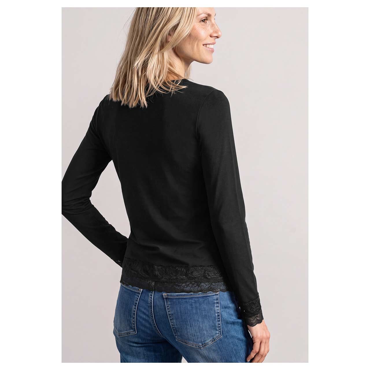 Damen Langarm Shirt Basic Lace Cuffs von Street One in Schwarz, Rückansicht am Model