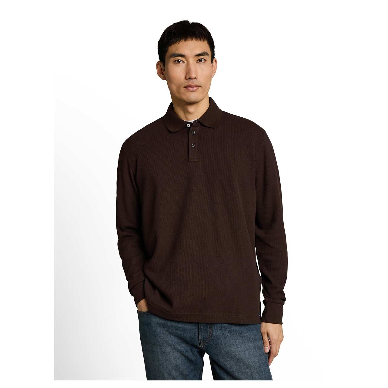 Herren Polo Langarmshirt Structured von Tom Tailor in Dunkelbraun, Vorderansicht am Model