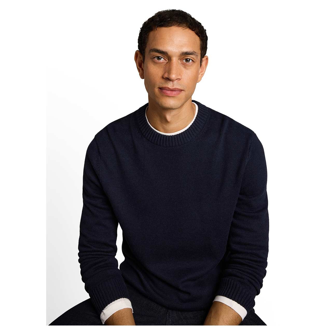 Herren Pullover Crew Neck Knit von Tom Tailor in Dunkelblau meliert, Vorderansicht vom sitzenden Model