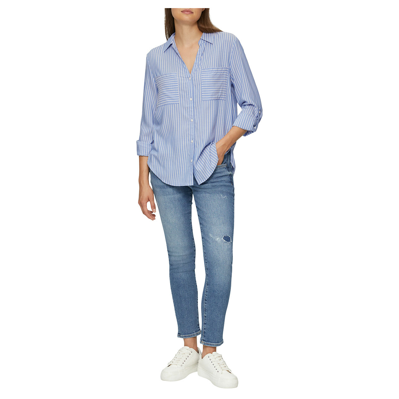 Damen Langarm Bluse von s.Oliver in Blau gestreift, Vorderansicht am Model