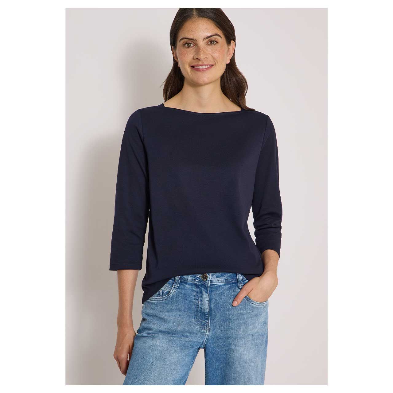 Damen 3/4 Arm Shirt Basic Boatneck von Cecil in Dunkelblau, Vorderansicht am Model