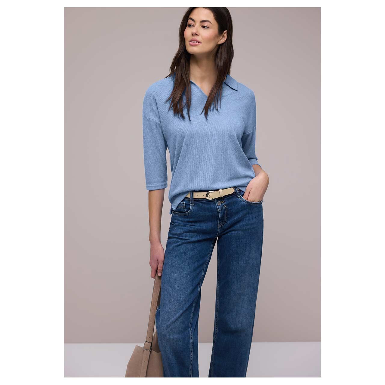 Damen 3/4 Arm Poloshirt Knit Look von Street One in Blau, Totalansicht am Model
