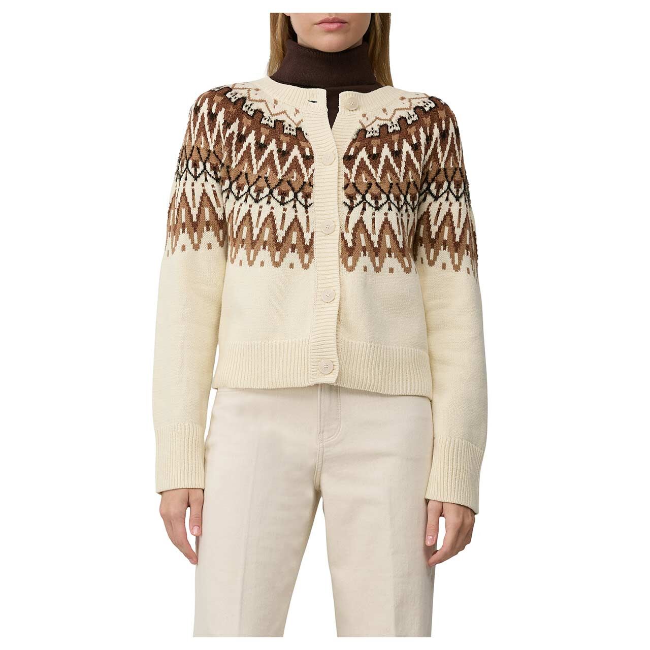 Damen Strickjacke von s.Oliver in Cremeweiß mit Print, detaillierte Vorderansicht am Model