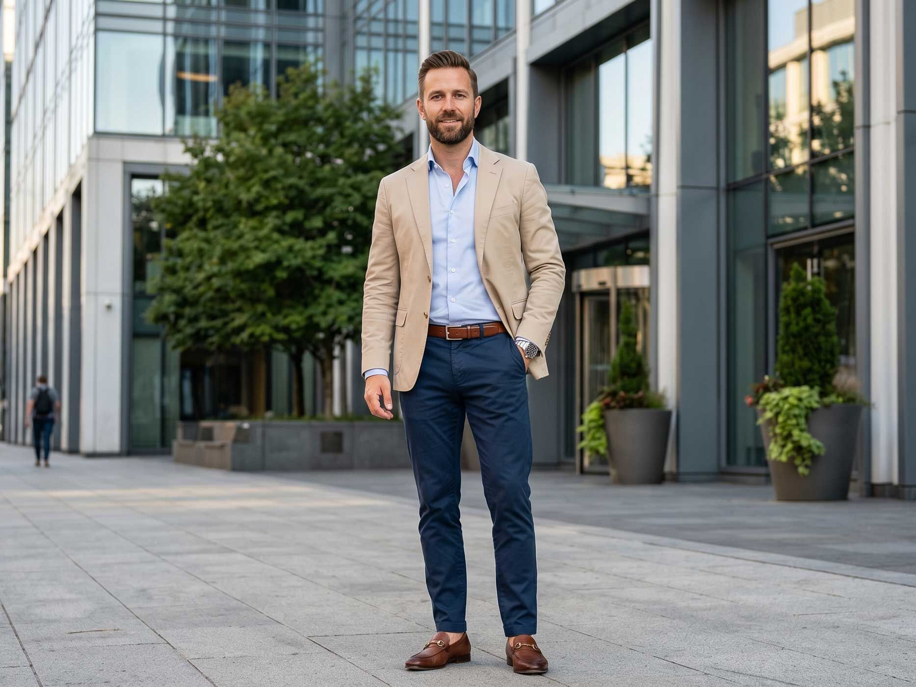 Ein Mann tr&auml;gt eine dunkelblaue Hose, ein hellblaues Hemd und ein beiges Sakko. Vor modernen B&uuml;rogeb&auml;uden zeigt das Outfit eine elegante Kombination f&uuml;r Business und Smart Casual.