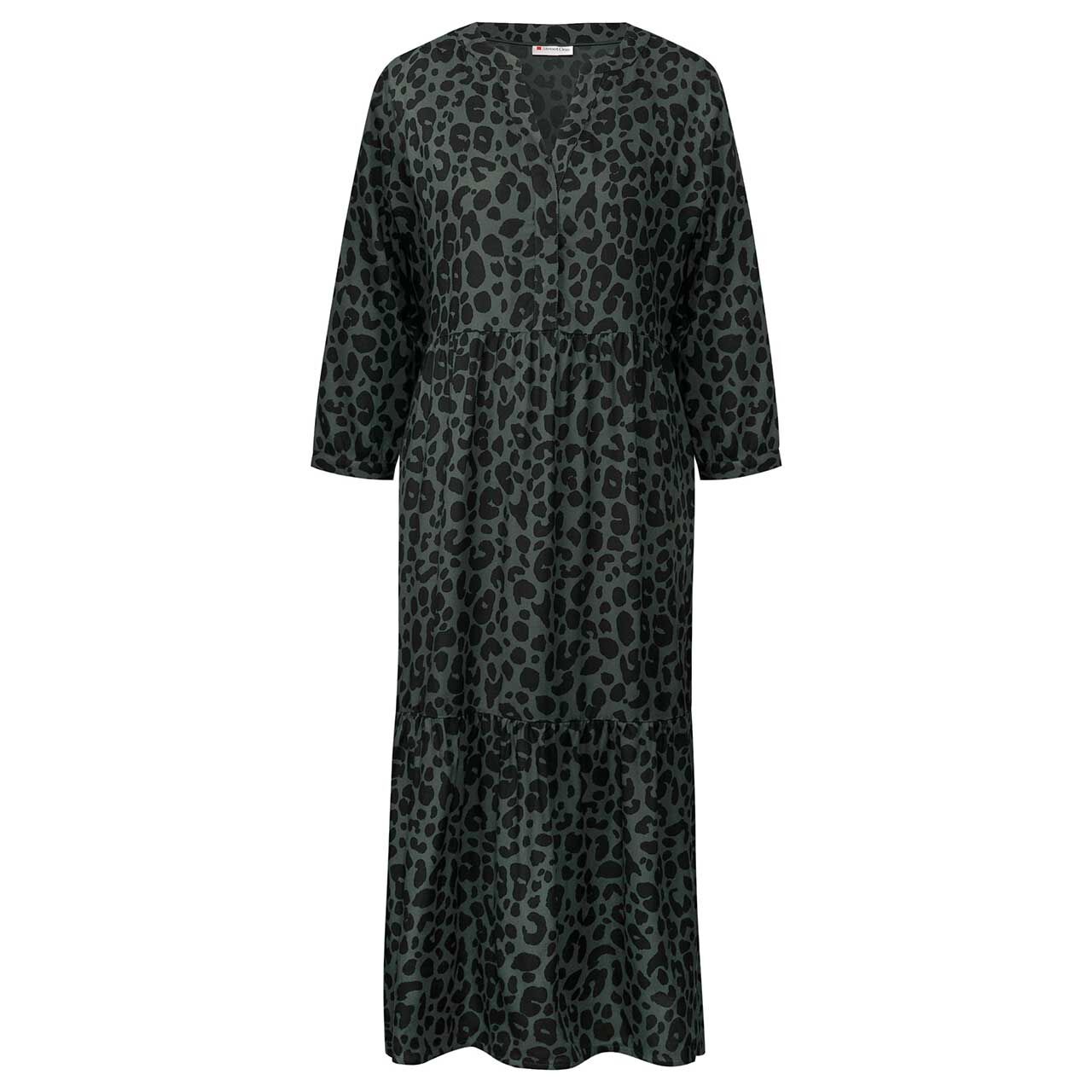 Damen 3/4 Arm Kleid Volant Dress von Street One in Dunkelgrün mit Leo-Print mit der Farbnummer 26619, Vorderansicht