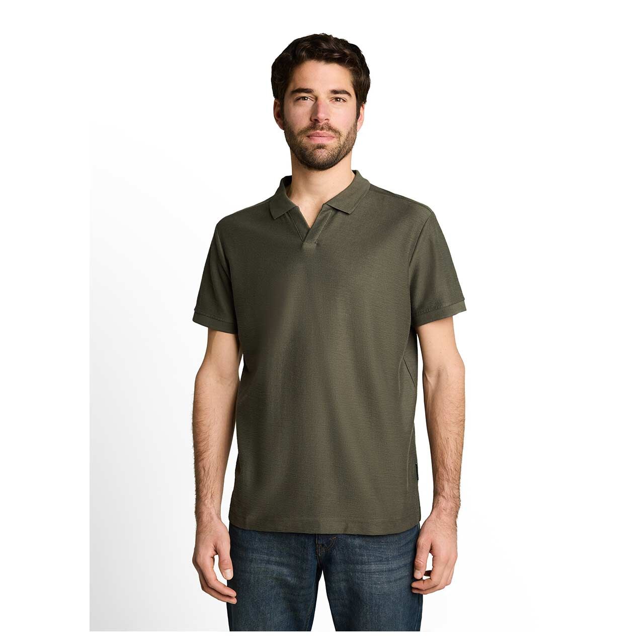 Herren Poloshirt Resort Collar von Tom Tailor in Dunkelgrün, Vorderansicht am Model