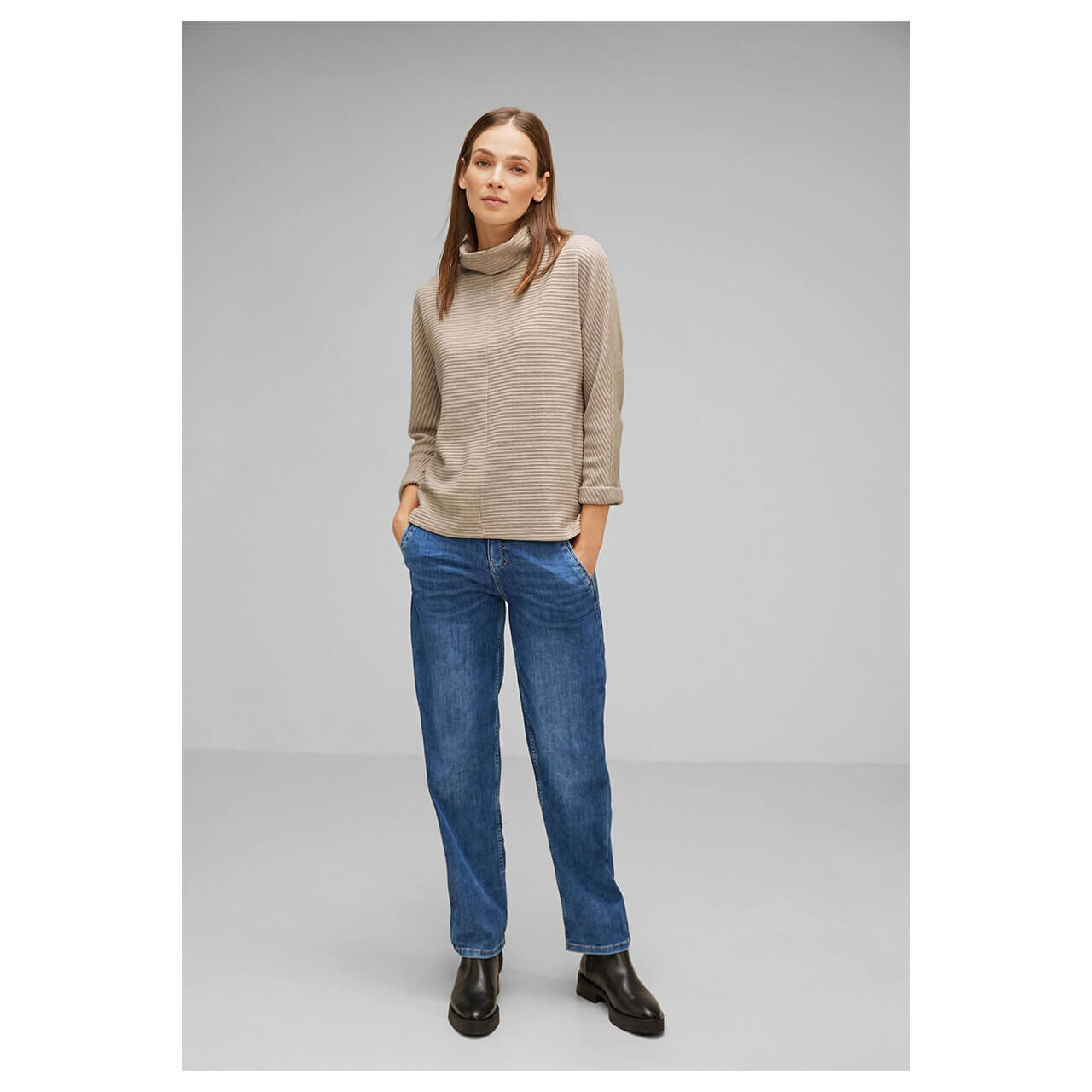 Street One Damen 3/4 Arm Rollkragen Pullover Structured Scarf sand melange