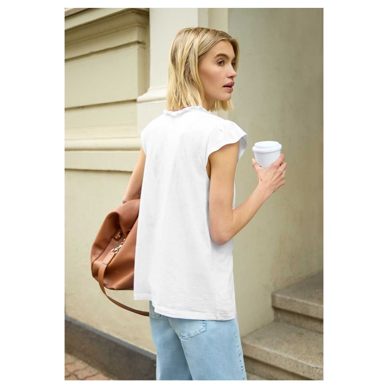 Damen T-Shirt Frill Neck von Street One Studio in Weiß meliert, Rückansicht am Model
