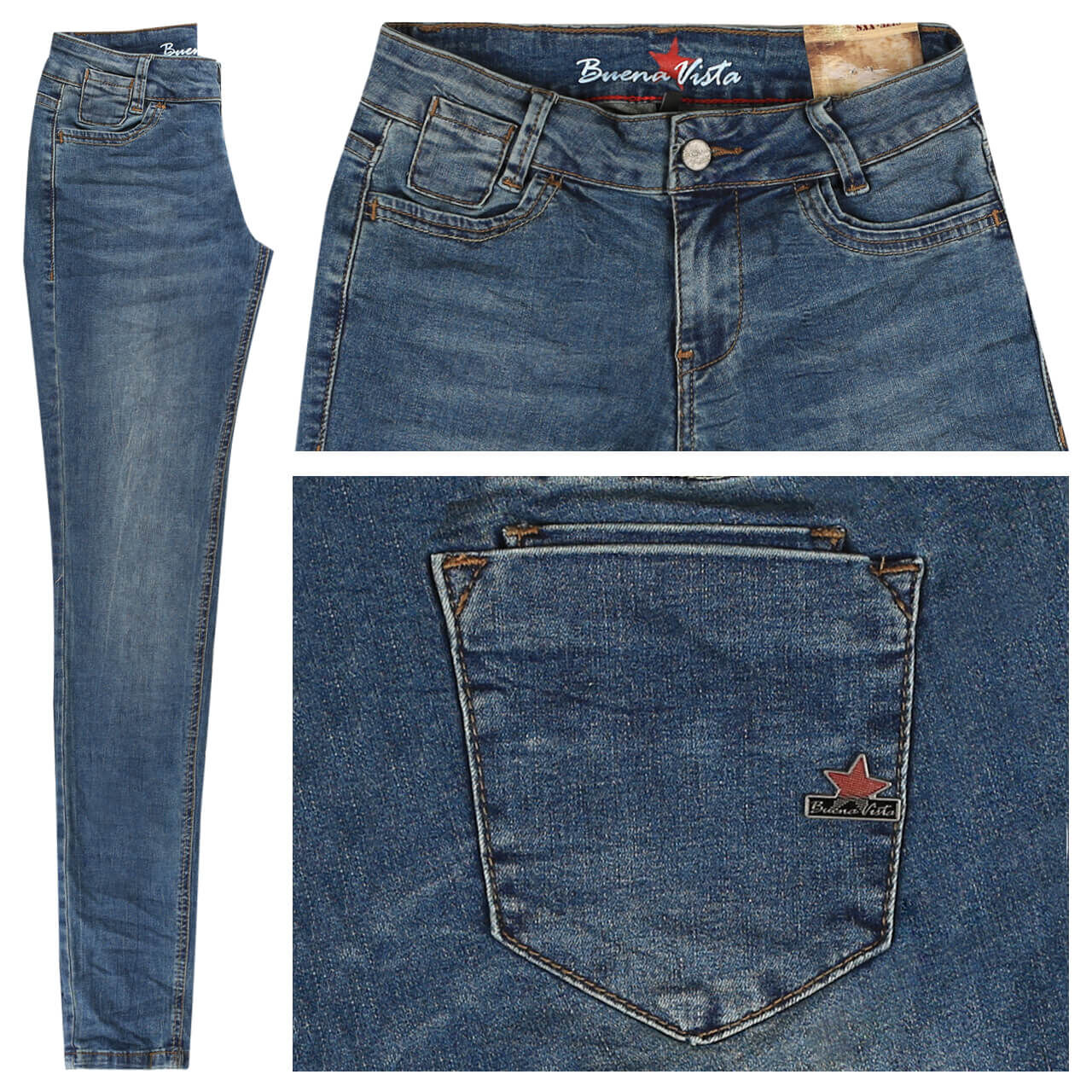 Buena Vista Jeans Kim-Zip Stretch Denim für Damen in Blau angewaschen, FarbNr.: 2883