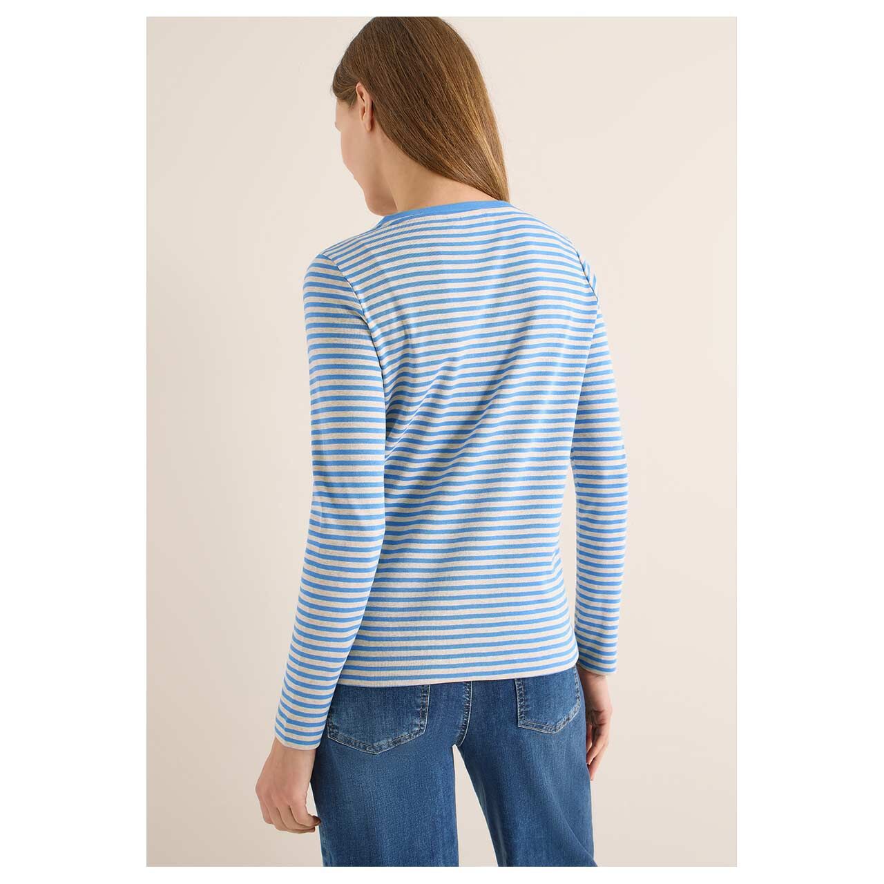 Damen Langarm Shirt Basic Melange Stripe von Cecil in Blau gestreift, Rückansicht am Model