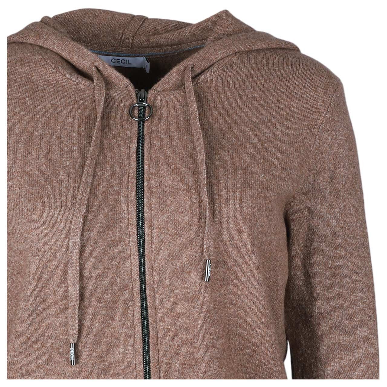 Damen Hoodie Strickjacke Cosy Zipper Cardigan von Cecil in Braun meliert, Detailansicht von der Vorderseite