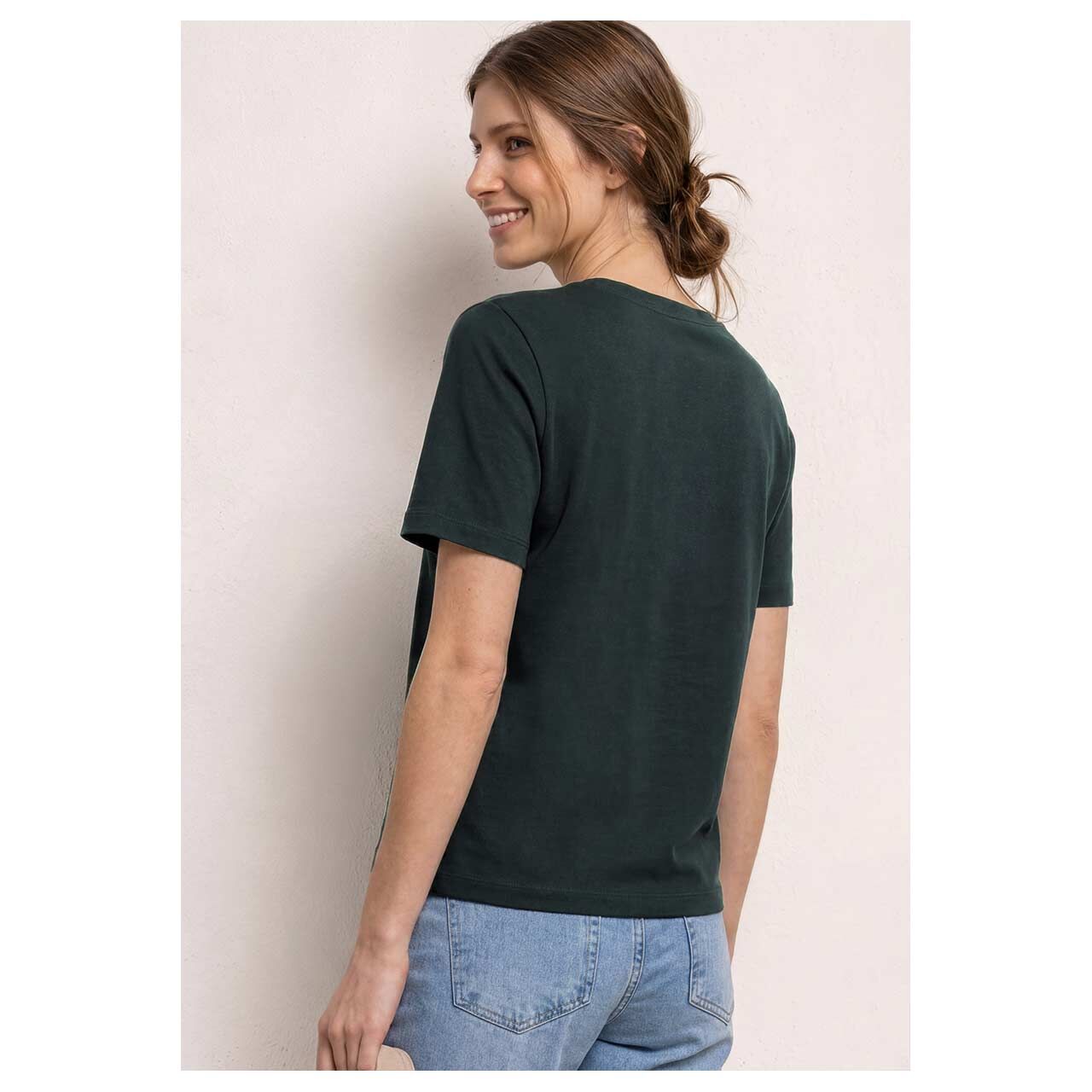 Damen T-Shirt Basic Chest Print von Street One in Dunkelgrün mit Print, Rückansicht am Model