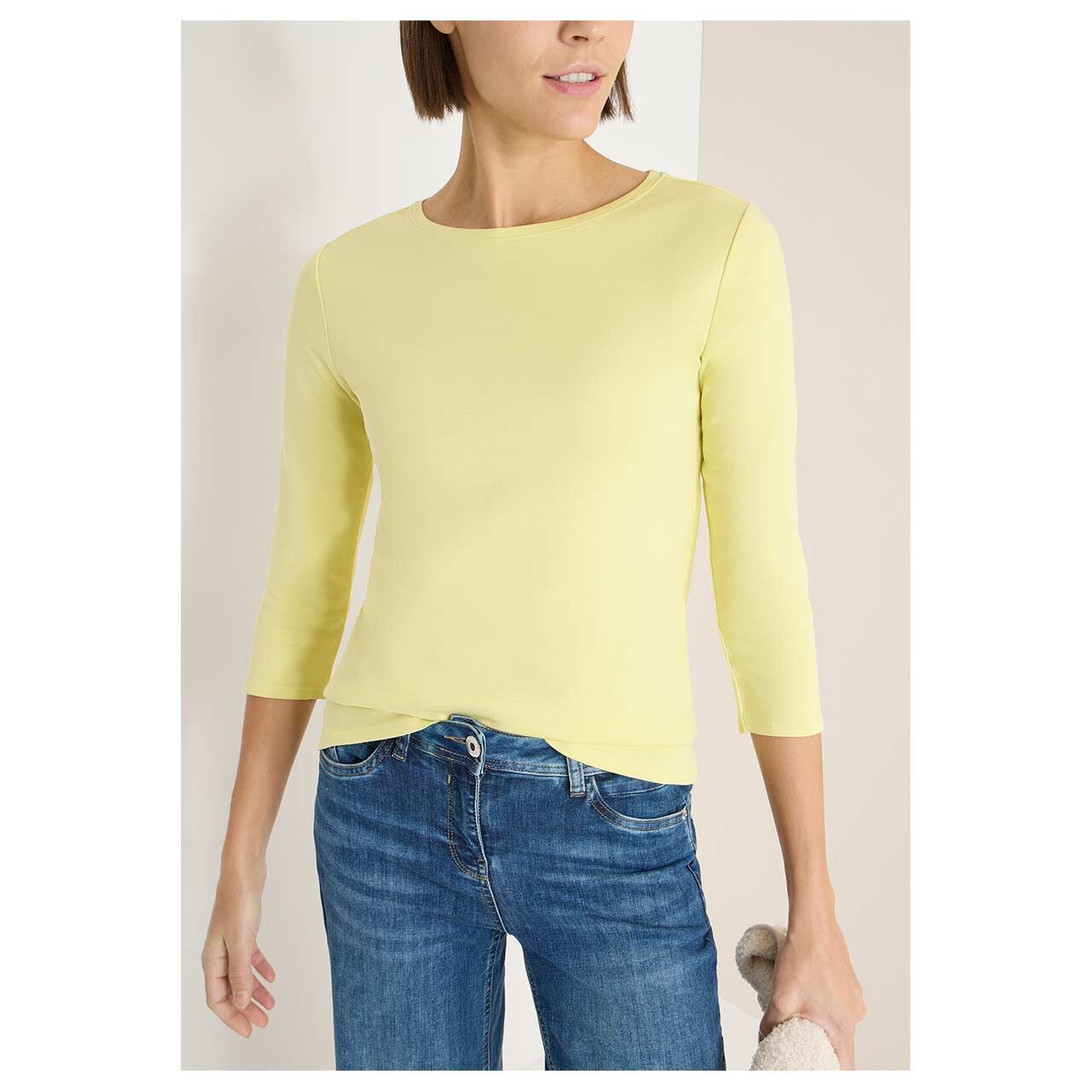 Damen 3/4 Arm Shirt Basic Boatneck von Cecil in Gelb, Vorderansicht am Model