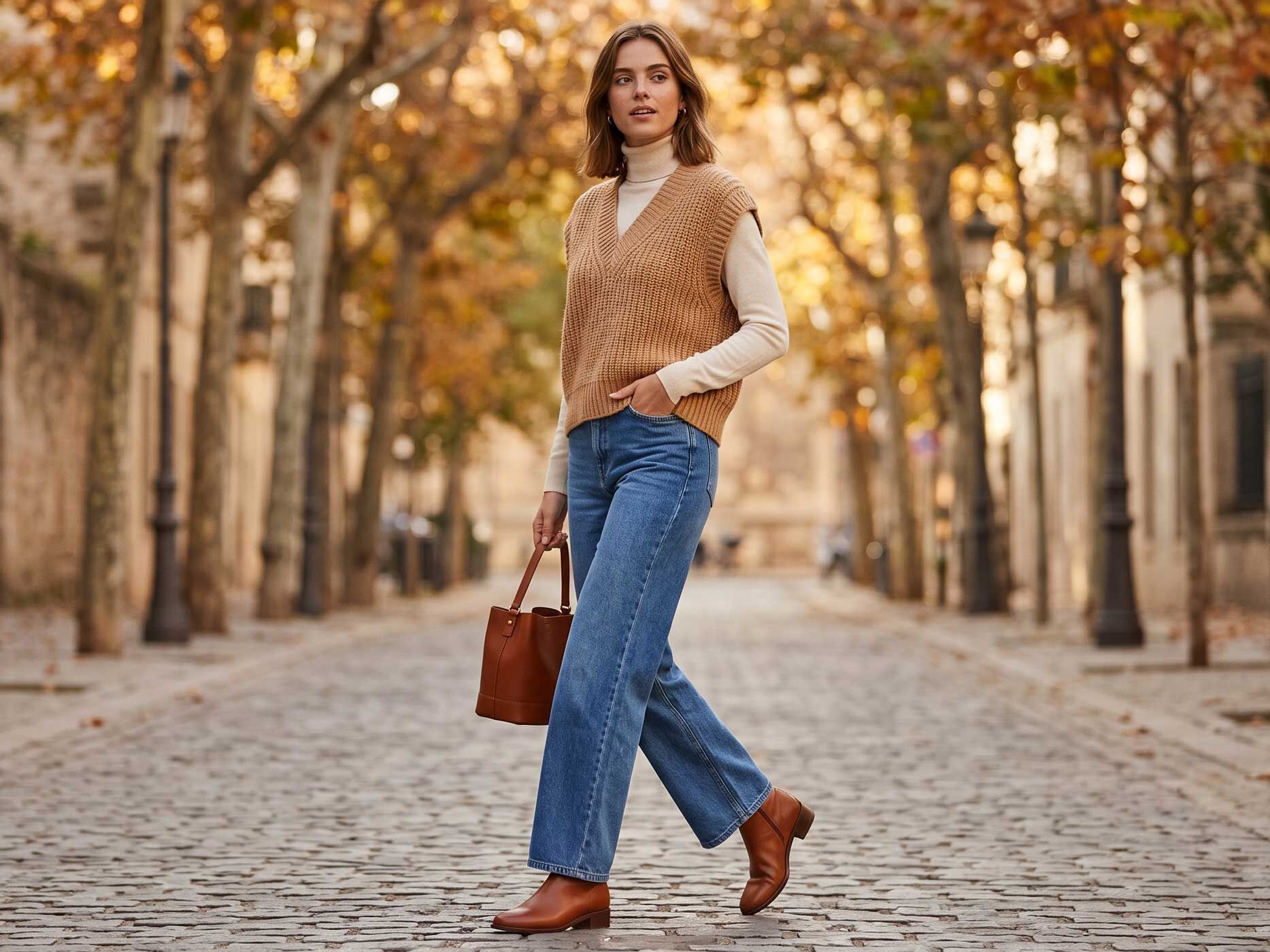 Eine Frau kombiniert einen grob gestrickten Pullunder mit Rollkragenpullover, weiter Damenjeans und braunen Stiefeletten.