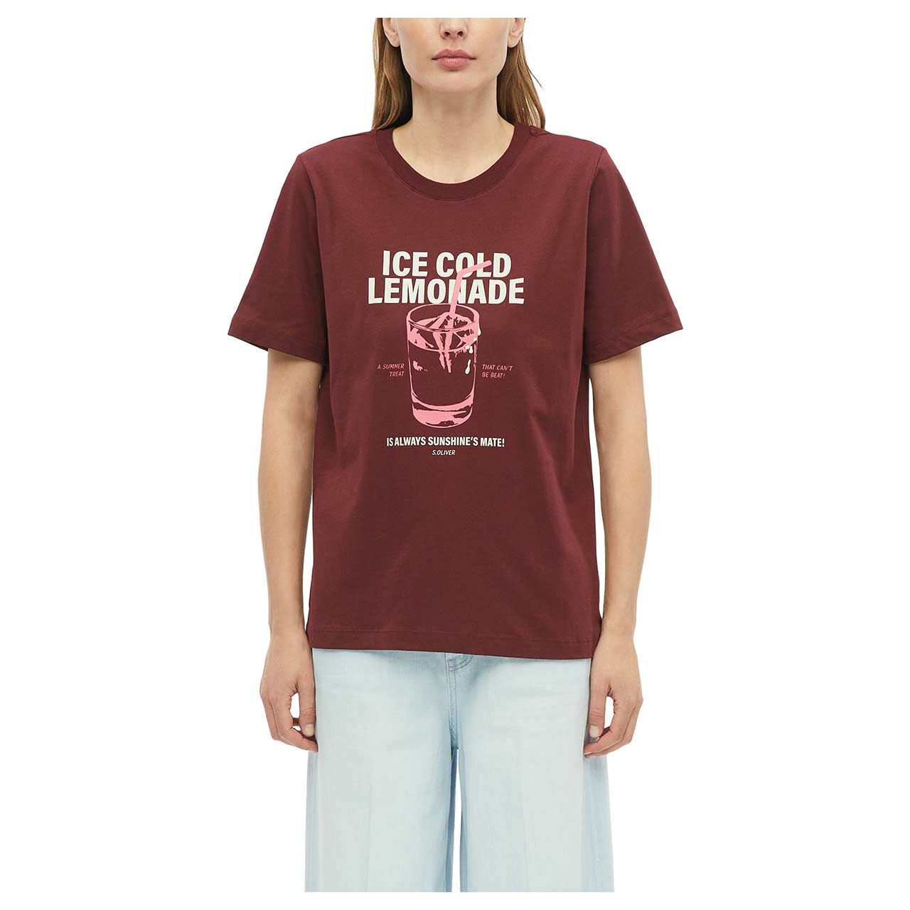 s.Oliver Damen T-Shirt in Dunkelrot mit Print, Vorderansicht am Model