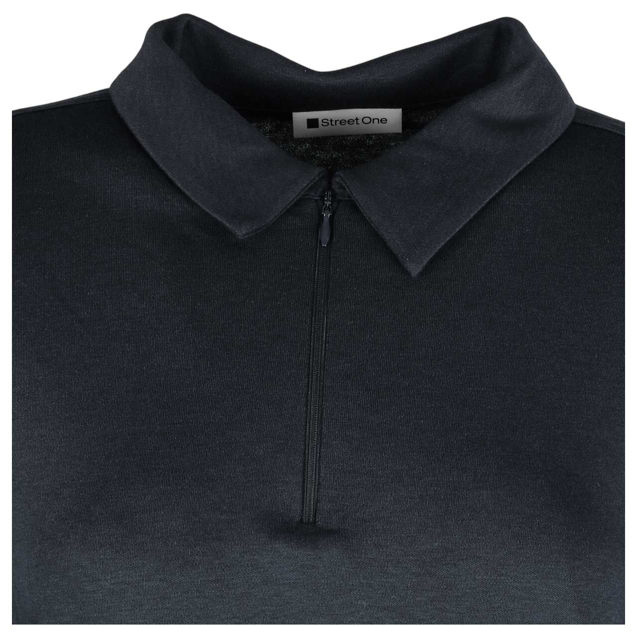 Damen 3/4 Arm Poloshirt Basic Zipper von Street One in Dunkelblau, detaillierte Vorderansicht Kragen