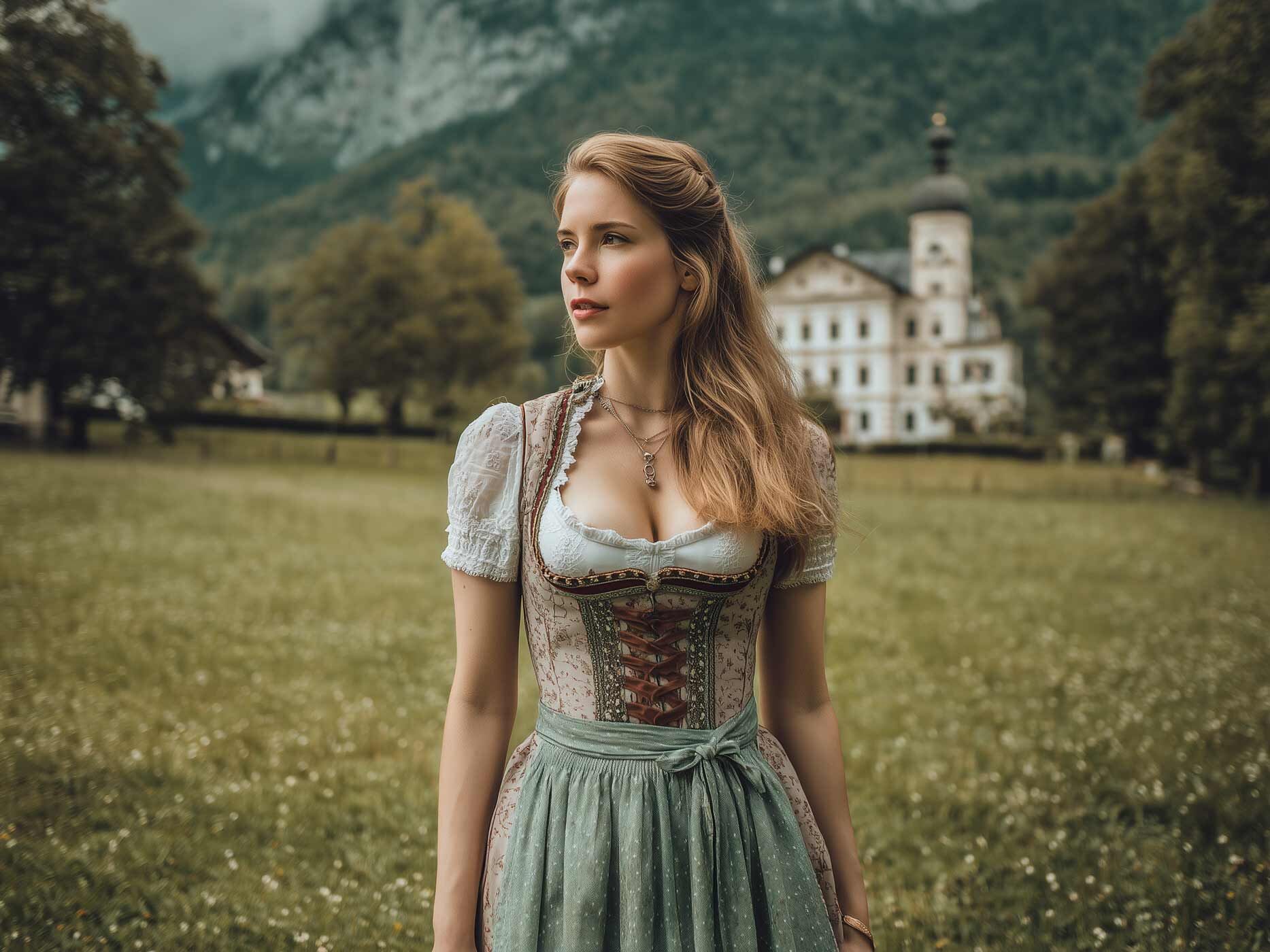Ein Mädchen steht vor einer Schloss-Kulisse und trägt ein beige-grünes Dirndl, sie guckt in die Ferne und ihre Schleife ist an der linken Seite gebunden.