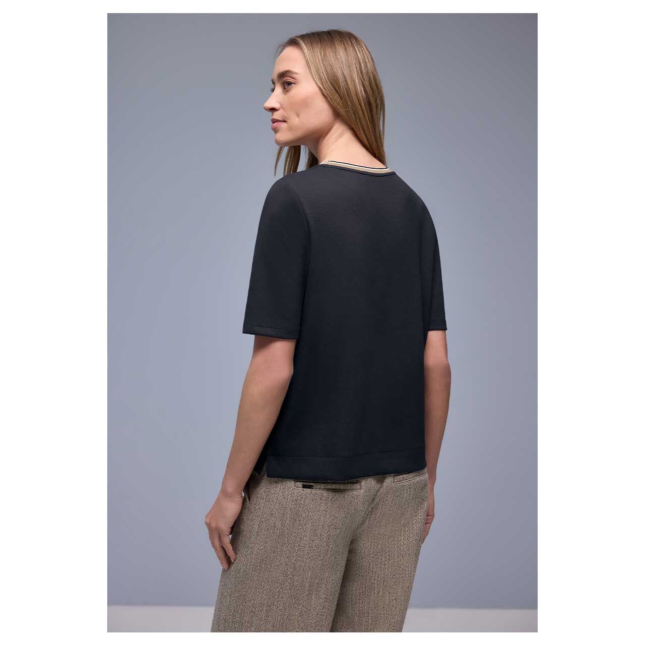 Damen T-Shirt Striped Collar von Street One in Dunkelblau, Rückansicht am Model