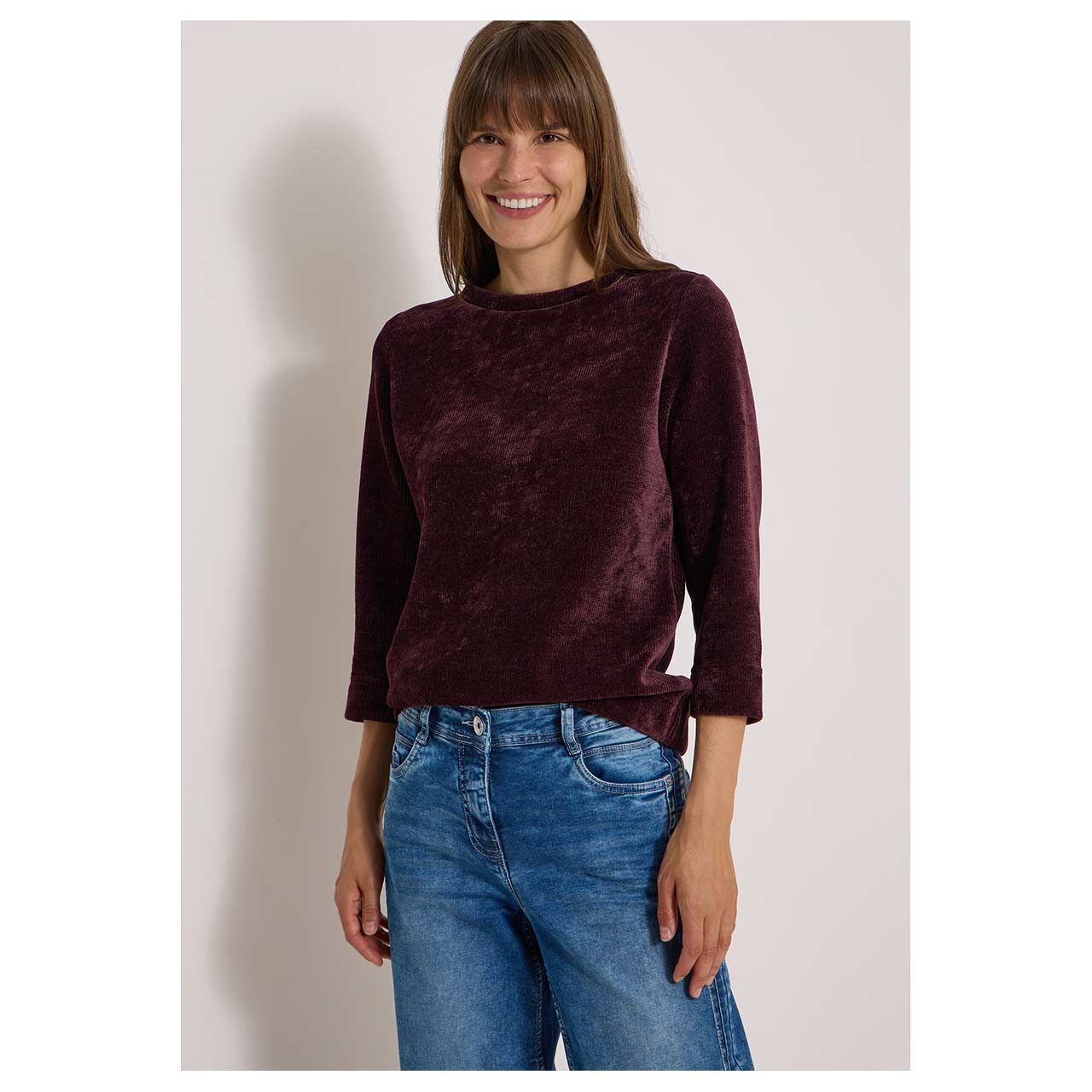 Damen 3/4 Arm Cord Shirt Soft von Cecil in Lila, Detailansicht vorne am Model