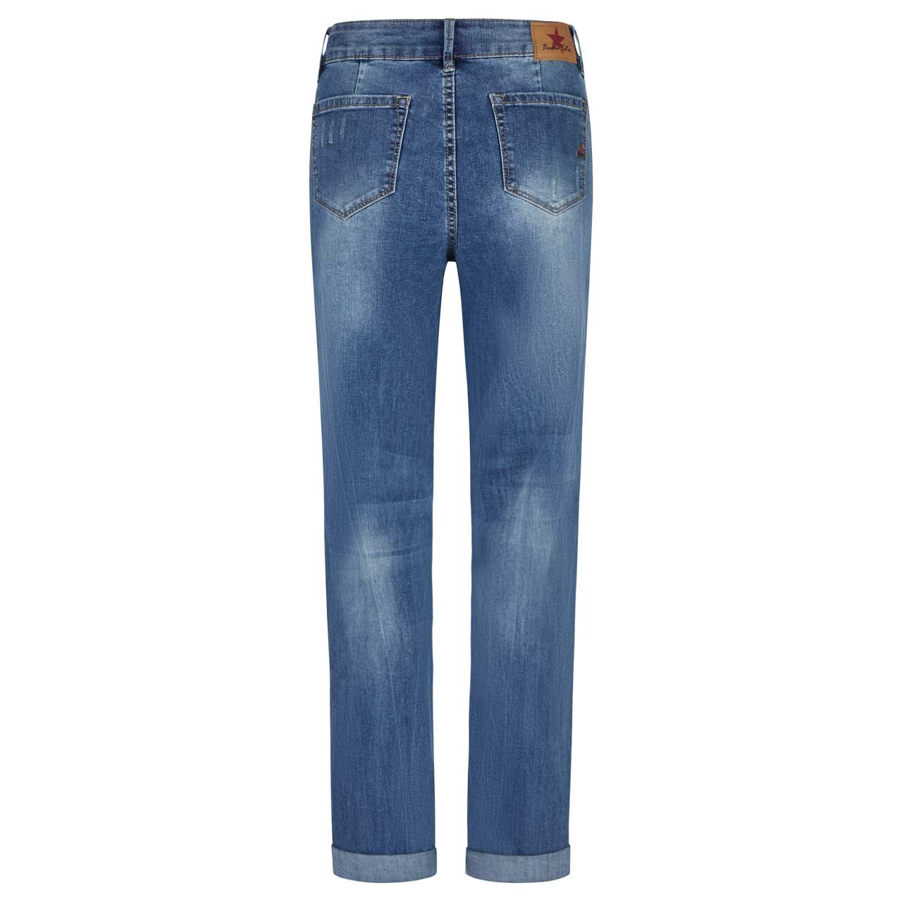 Damenjeans Stella-Zip Straight Stretch Denim von Buena Vista in Blau angewaschen mit Destroyed-Effekten, Rückansicht
