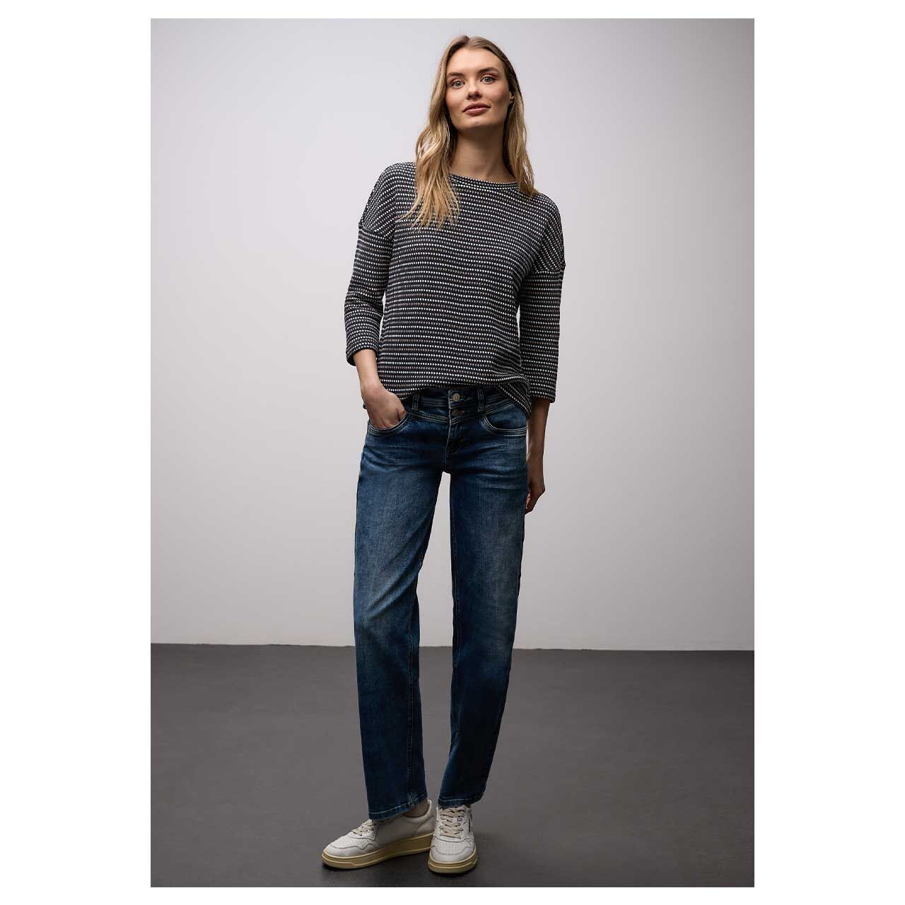 Damen 3/4 Arm Pullover von Street One Multicolor Knit Look in Dunkelblau mit Print, Ganzkörperansicht