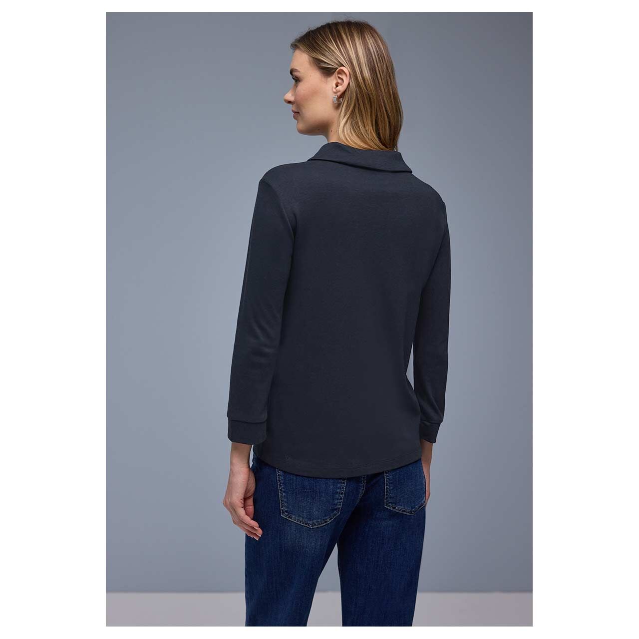Damen 3/4 Arm Poloshirt Basic Zipper von Street One in Dunkelblau, Rückansicht