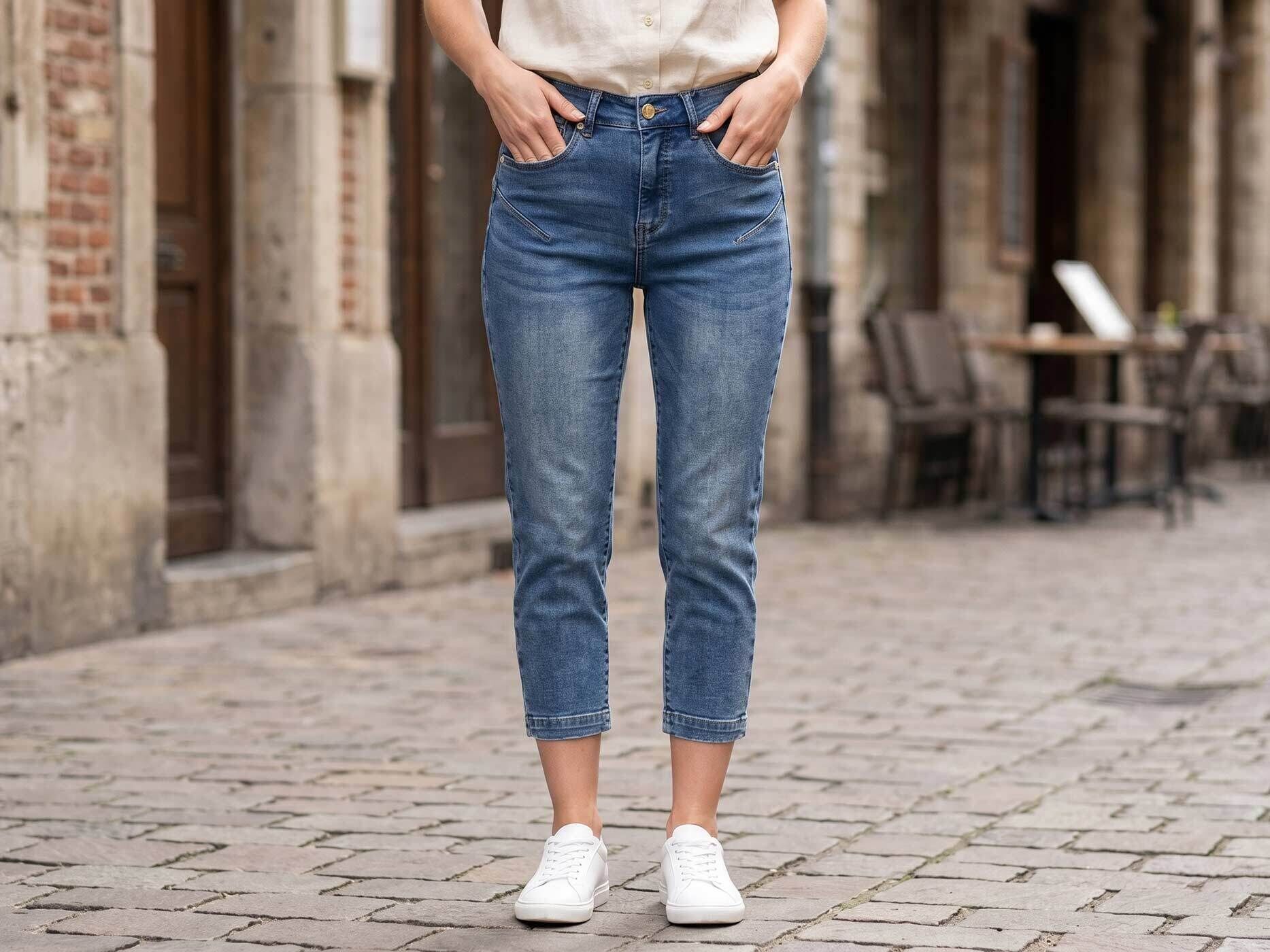 Unterkörper einer Frau. Sie trägt eine verkürzte blaue Jeans und steckt ihre Hände in die vorderen Hosentaschen.