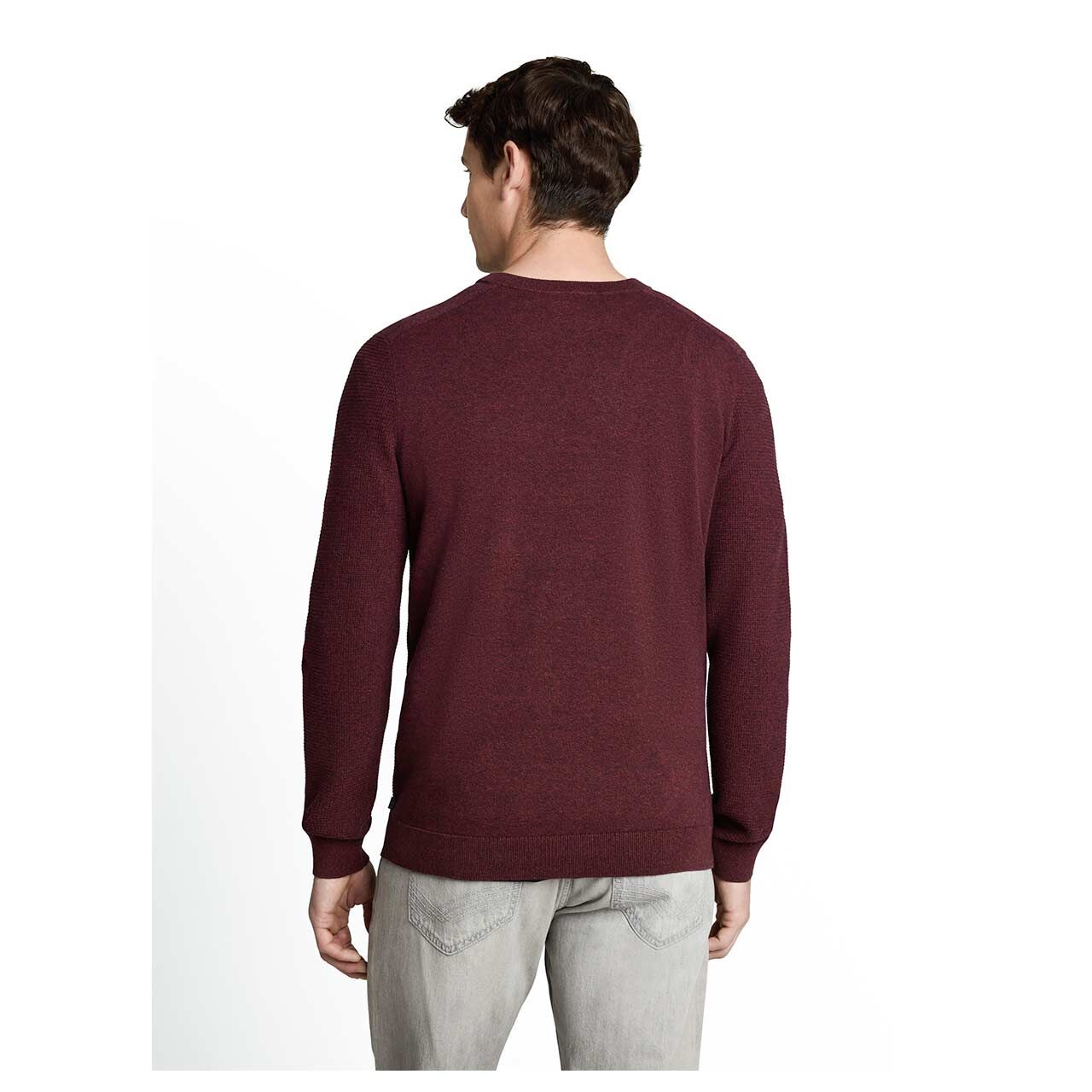 Herren Pullover Structured Crew Neck Knit von Tom Tailor in Dunkelrot meliert, Rückansicht am Model