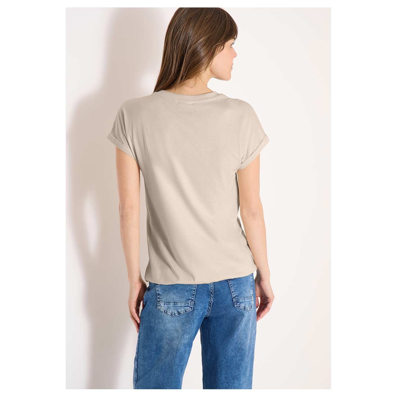 Damen T-Shirt Solid Rib Collar Tunic von Cecil in Beige, Rückansicht am Model