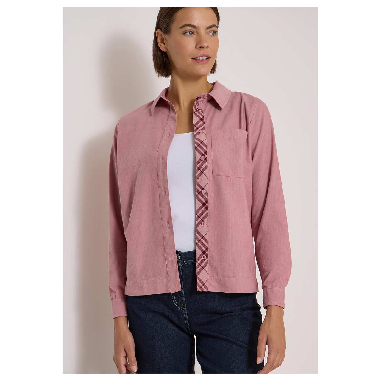 Damen Langarm Cord Bluse Corduroy von Cecil in Rosa, Vorderansicht am Model