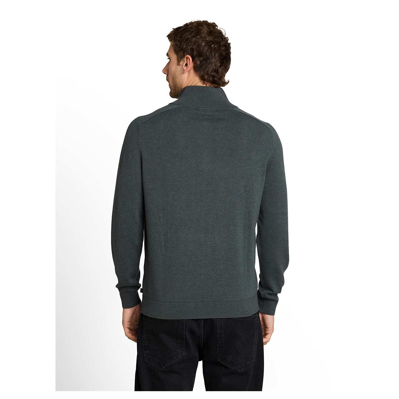 Herren Pullover Basic Knit Troyer von Tom Tailor in Olivgrün meliert , Rückansicht am Model