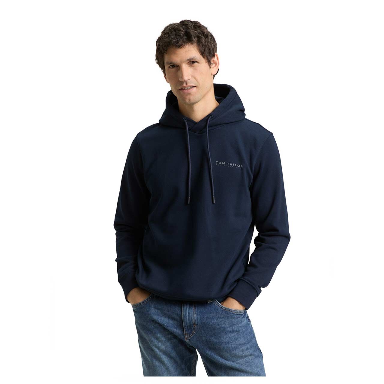 Herren Hoodie Sweatshirt Basic von Tom Tailor in Dunkelblau, Vorderansicht am Model