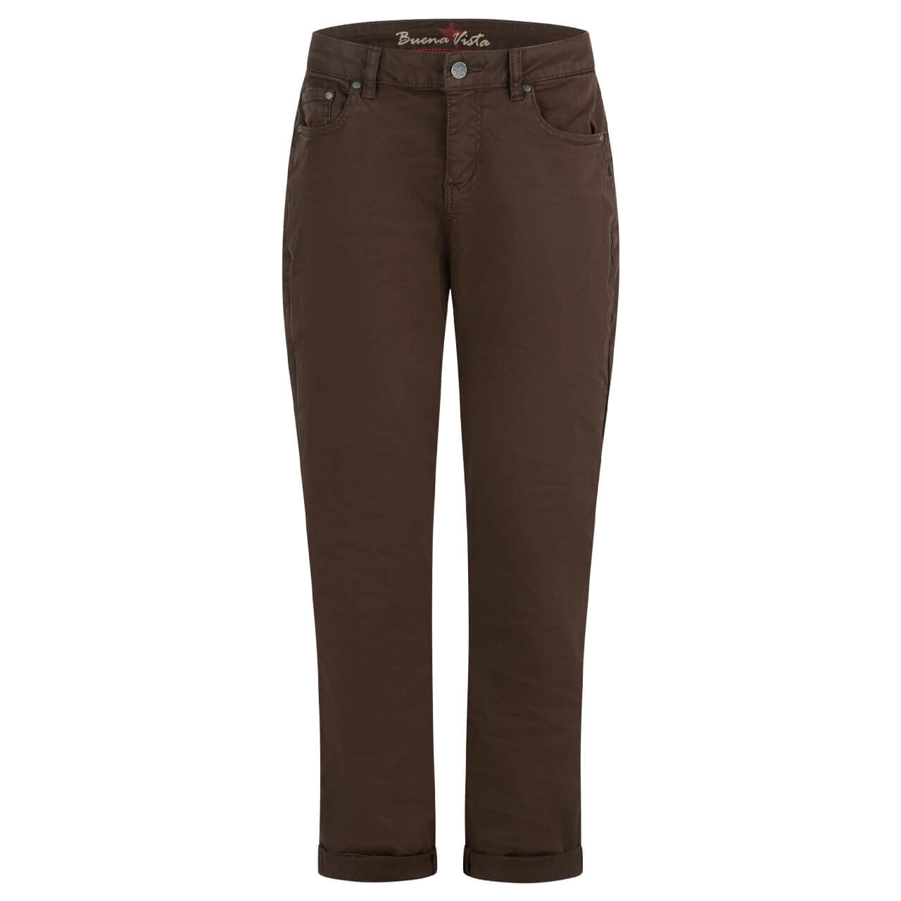 Damen Ankle Baumwollhose Ibiza Cropped Stretch Twill von Buena Vista in Dunkelbraun, Vorderansicht