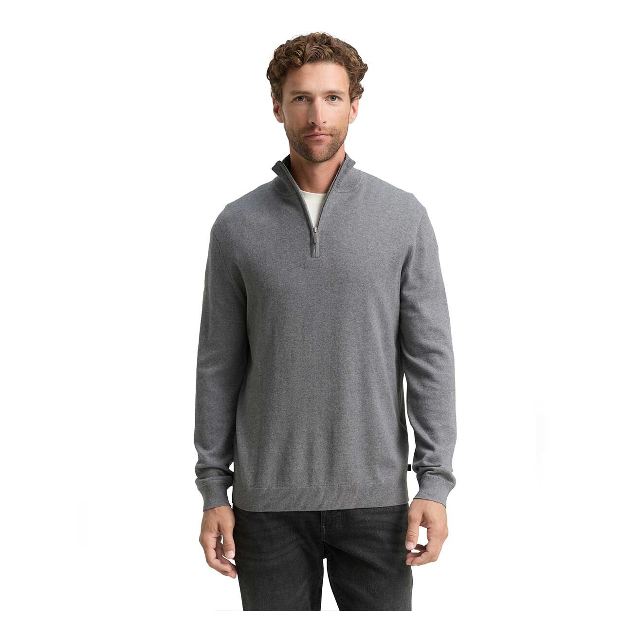 Herren Pullover Troyer Cashmere Knitted von Tom Tailor in Grau meliert, Vorderansicht am Model
