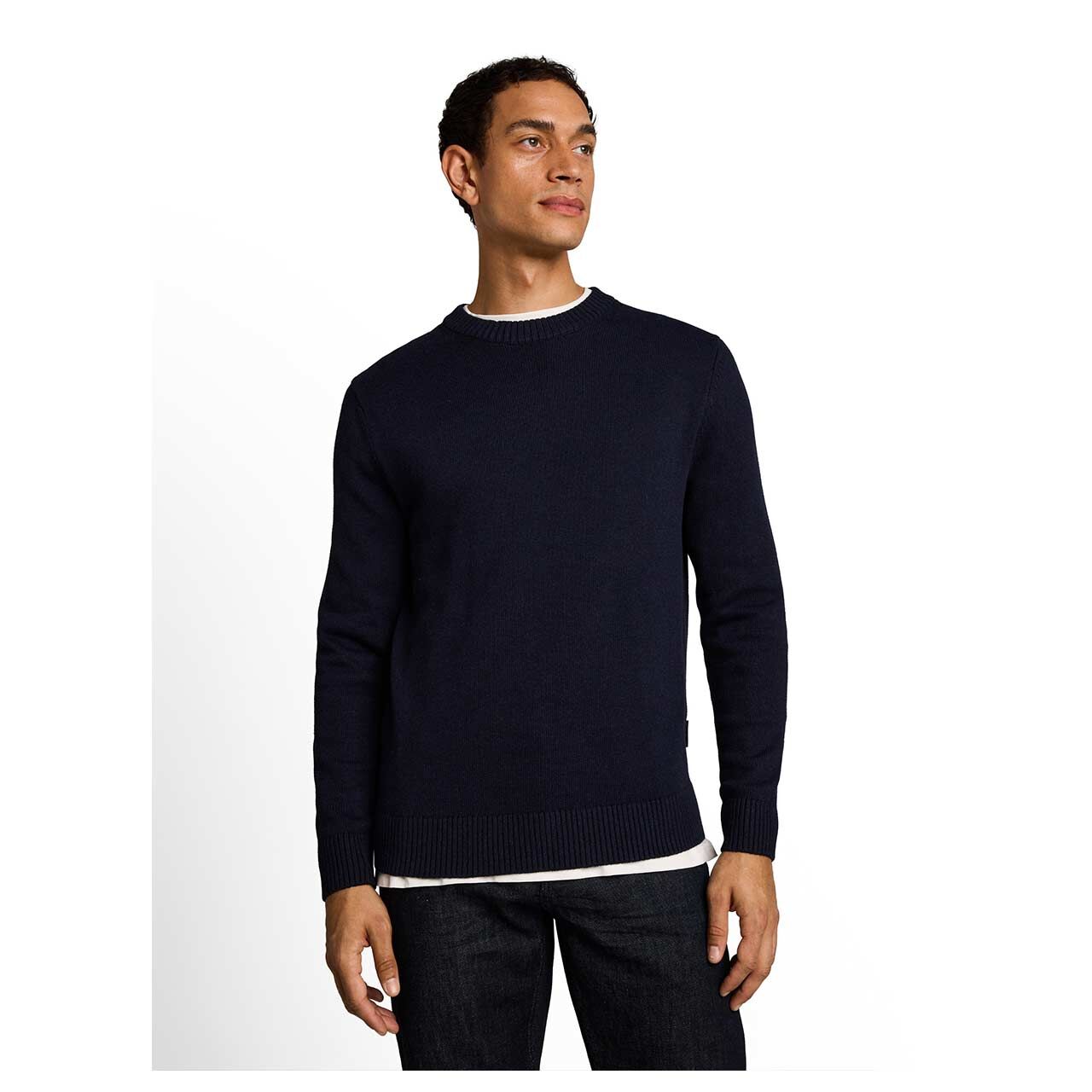 Herren Pullover Crew Neck Knit von Tom Tailor in Dunkelblau meliert, Vorderansicht am Model