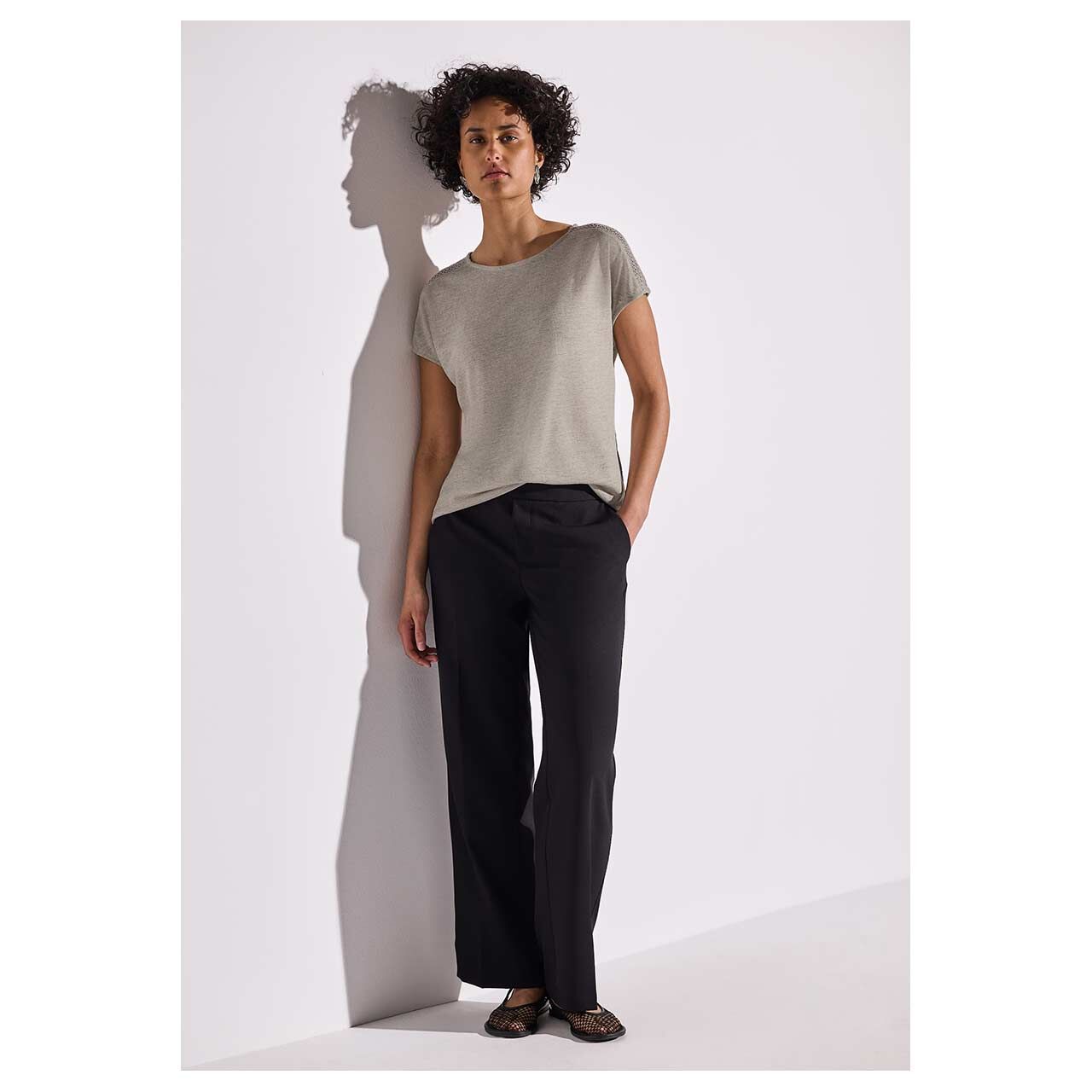 Street One Damen T-Shirt Linen Look with Laceshoulder moonstone sand