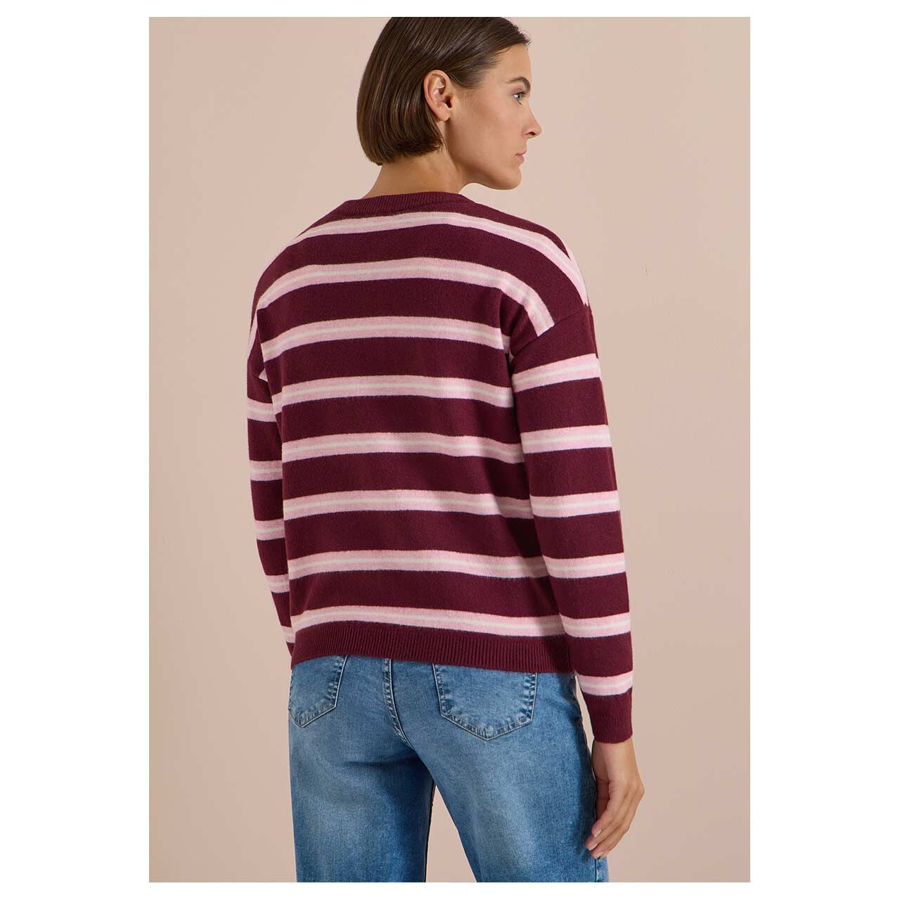 Damen Strickjacke Striped Cosy Round Neck Cardigan von Cecil in Weinrot gestreift, Rückansicht am Model