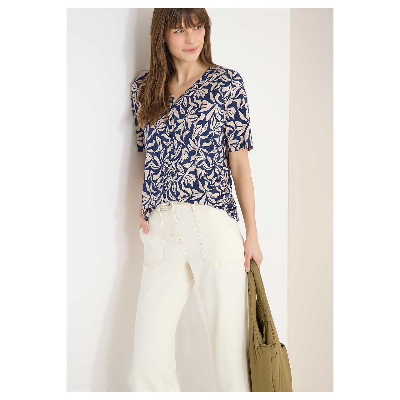 Damen T-Shirt V-Neck Tunic von Cecil in Blau mit Print, Vorderansicht am Model