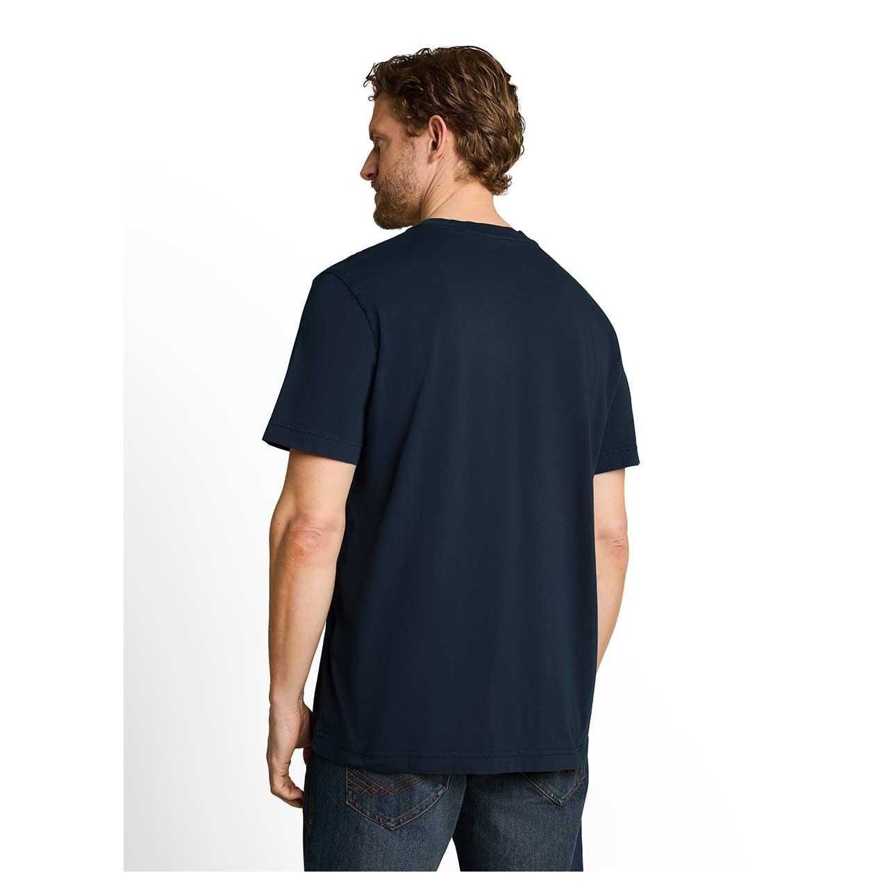 Herren T-Shirt Henley von Tom Tailor in Dunkelblau mit Print, Rückansicht am Model