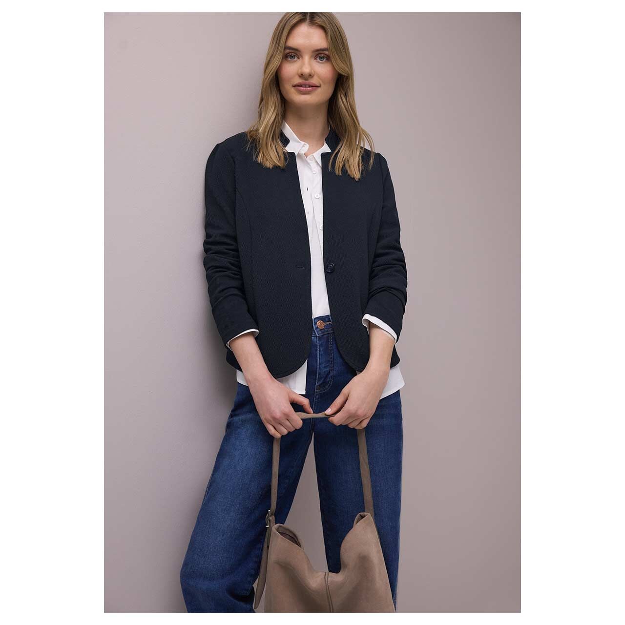 Damen Blazer Structured Jersey von Street One in Dunkelblau, Vorderansicht am Model