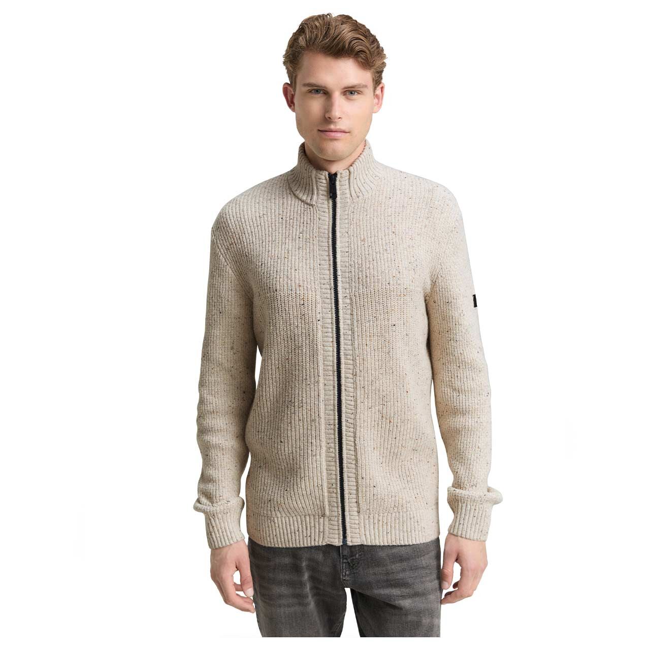 Herren Strickjacke Structured Mix Zip Jacket von Tom Tailor in Cremeweiß meliert, Vorderansicht am Model