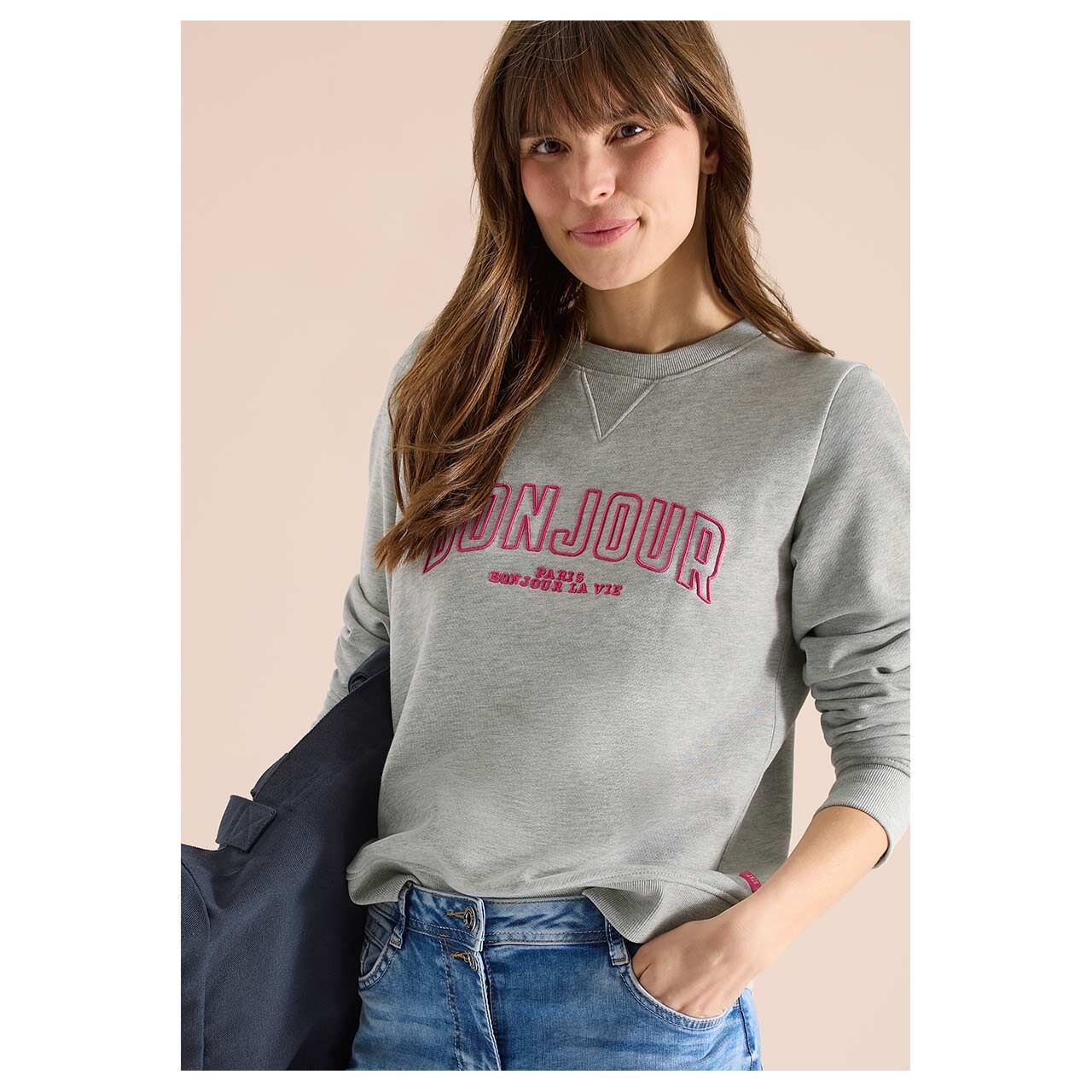 Damen Sweatshirt Embroidery von Cecil in Grau mit Print, Vorderansicht am Model