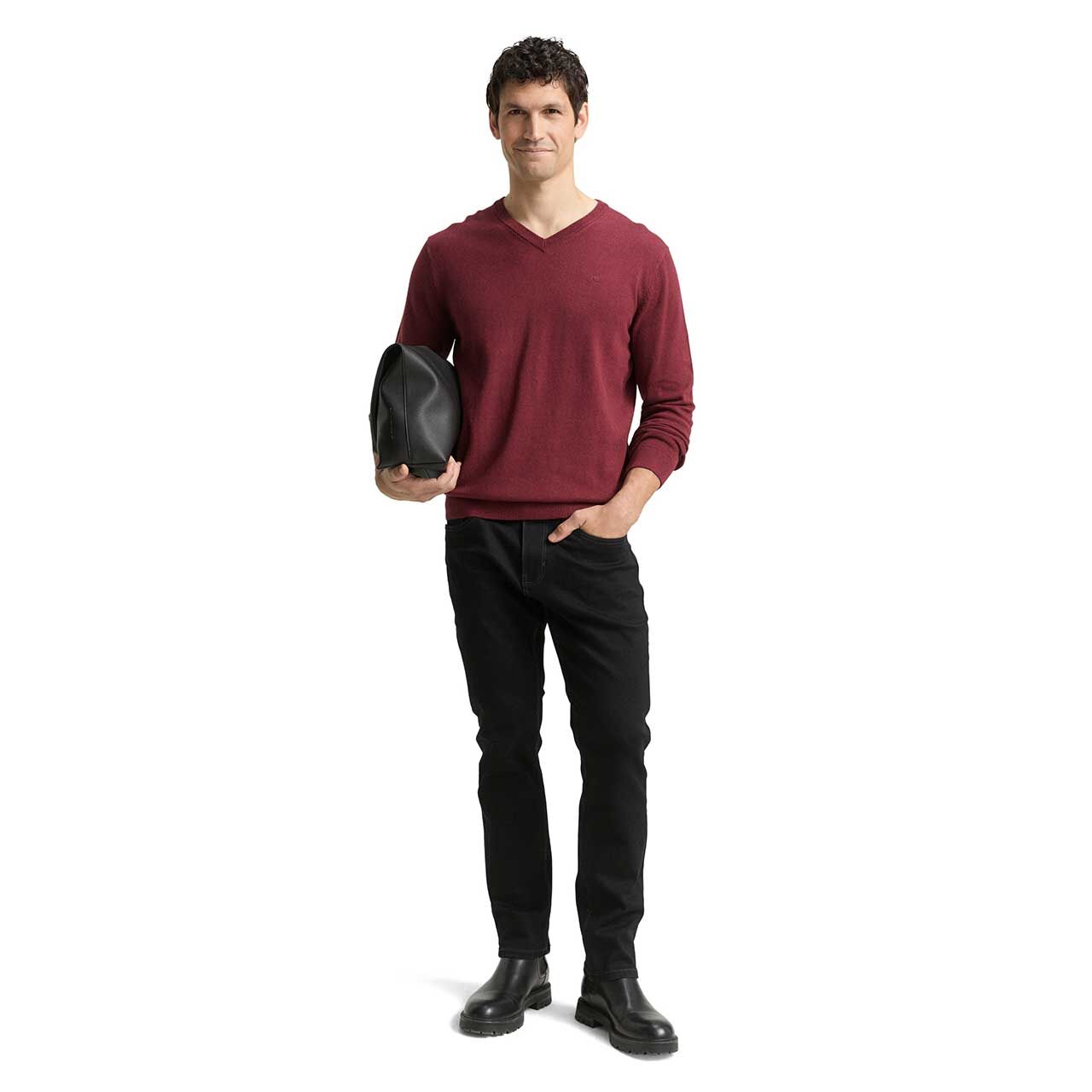 Herren Pullover Basic V-neck Knit von Tom Tailor in Weinrot meliert, Ganzkörperansicht