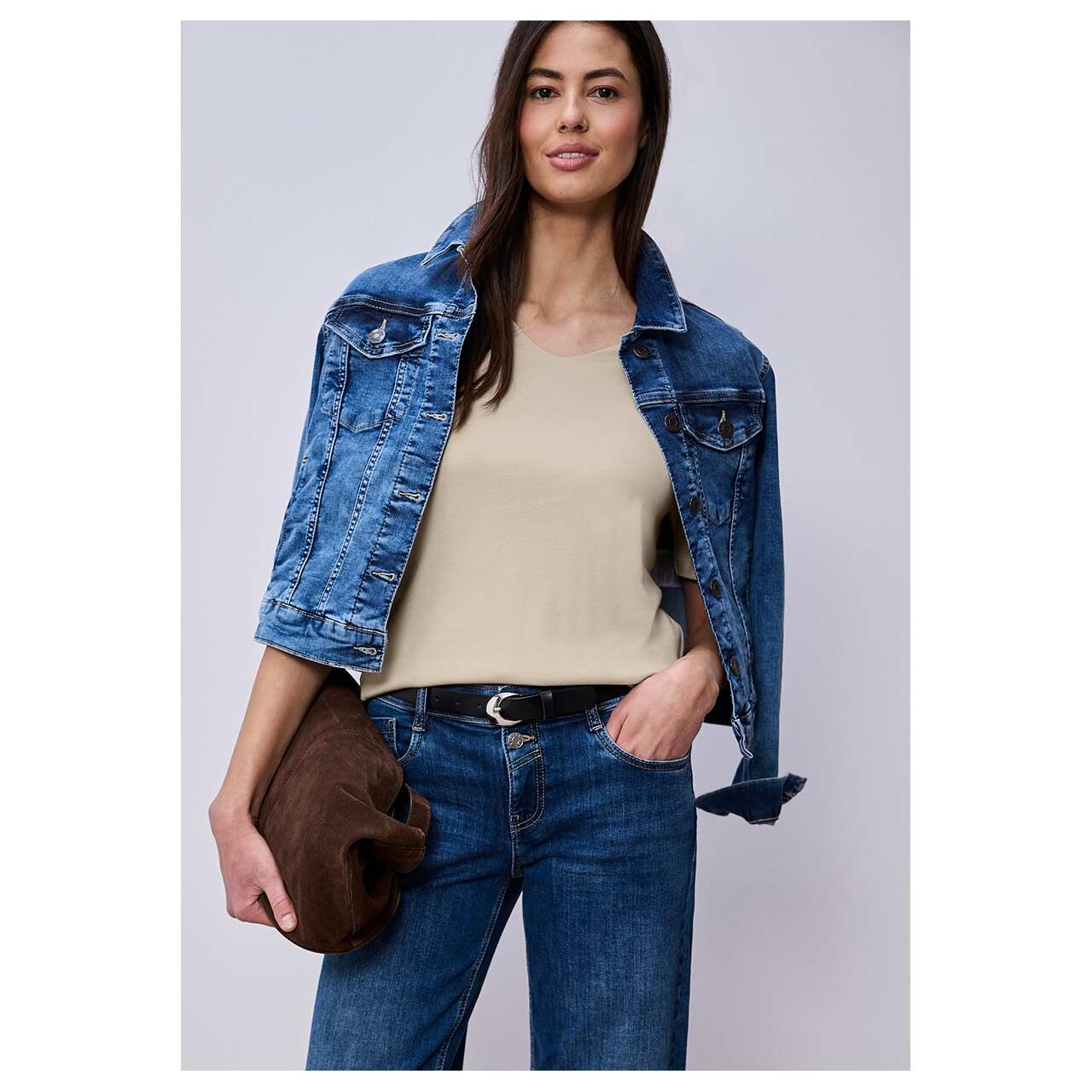 Damen T-Shirt Palmira von Street One in Beige, Vorderansicht am Model