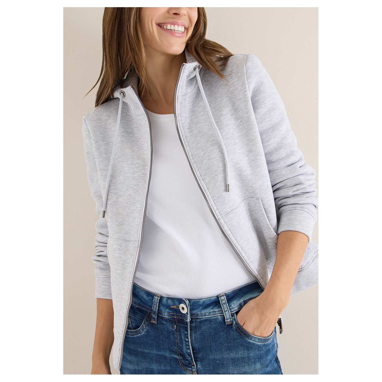 Damen Hoodie Sweatjacke Lurex von Cecil in Hellgrau meliert, Vorderansicht am Model