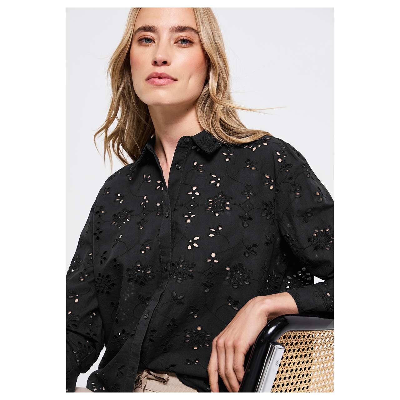 Street One Damen Langarm Bluse Allover Crochet black
