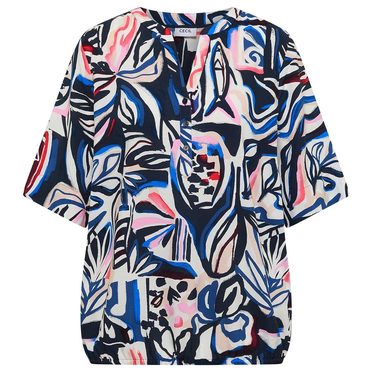 Cecil Damen Kurzarm Bluse Splitneck universal blue print