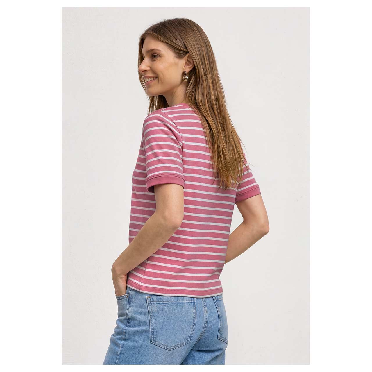 Damen T-Shirt Basic U-Boat von Street One in Pink gestreift, Rückansicht am Model