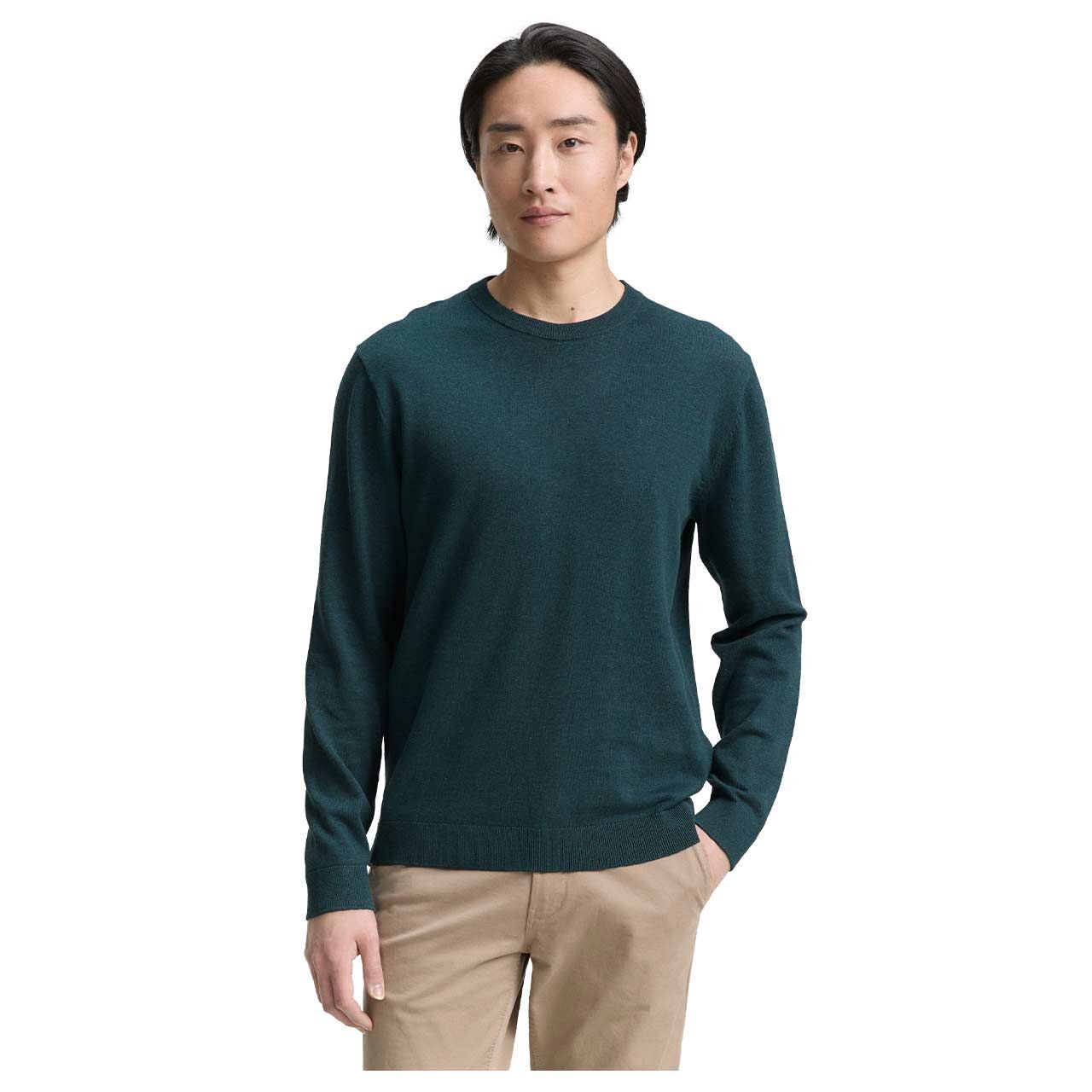 Herren Pullover Basic Crewneck Knit von Tom Tailor in Dunkelgrün meliert, Vorderansicht am Model
